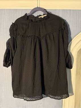 LOFT Black Swiss Dot Ruffle Blouse XL